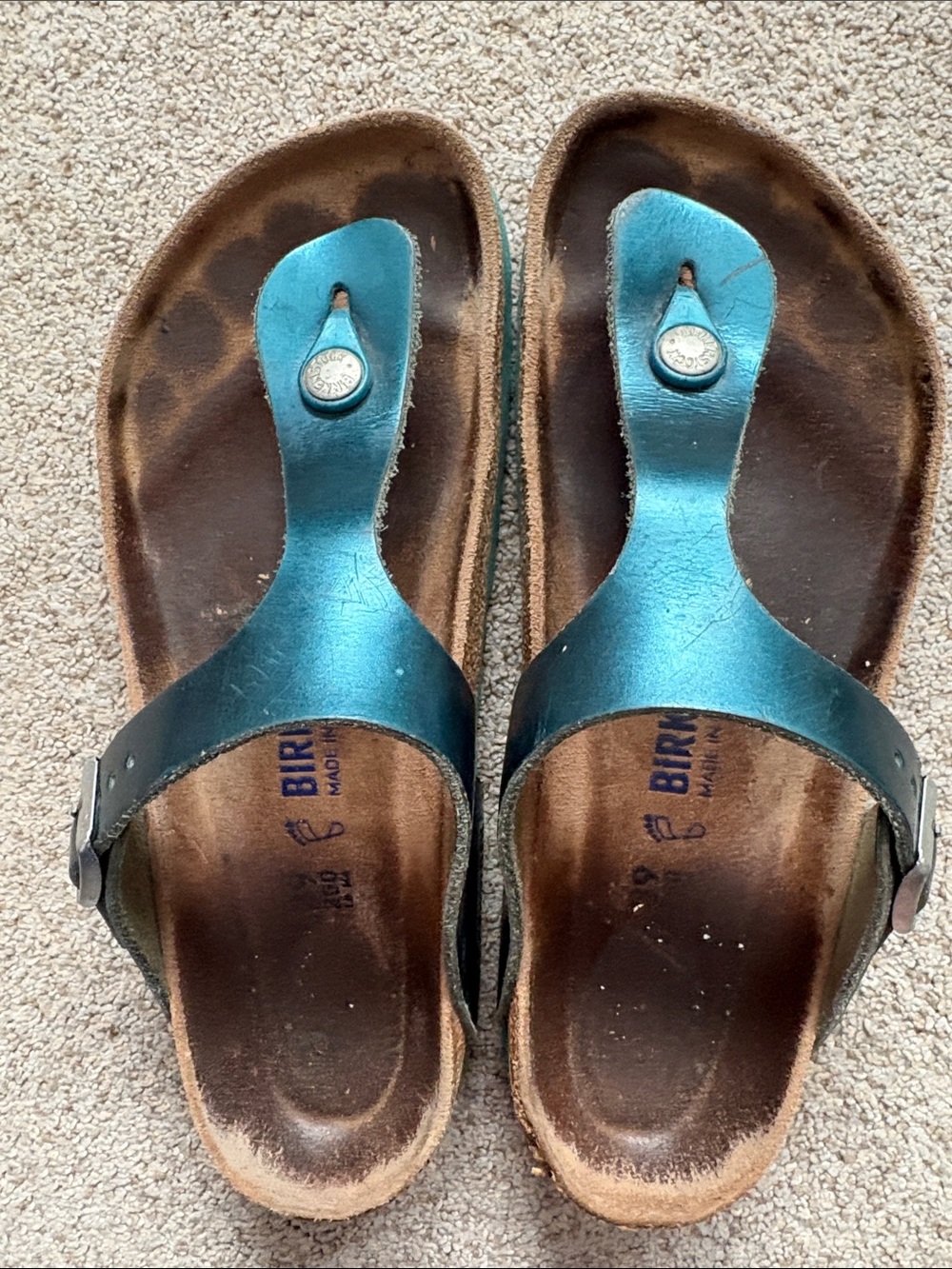 Birkenstock Metallic Teal T-Strap Sandals